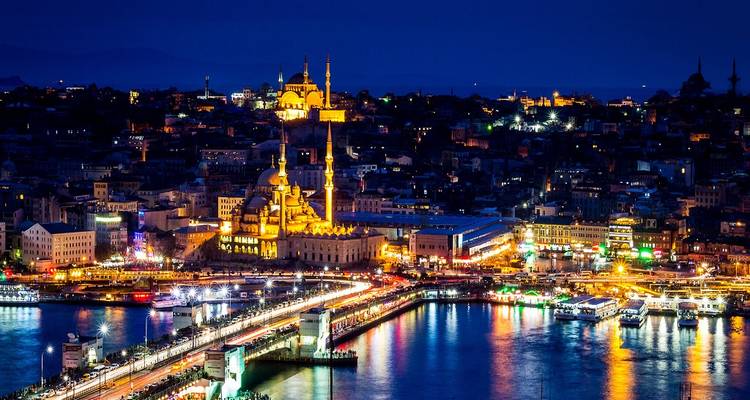 Night view of a city with illuminated buildings and bridges.