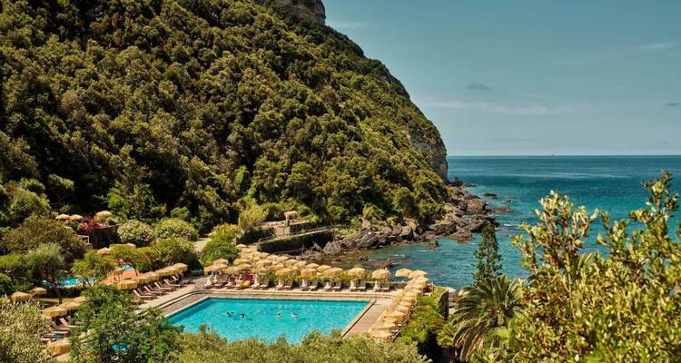 Panoramic view of a coastal pool surrounded by trees and cliffs.