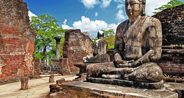 Estatuas y ruinas budistas bajo el cielo despejado.