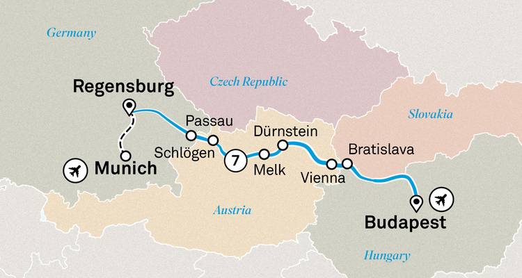 Mapa simplificado de ruta turística de Múnich a Budapest con escalas e íconos.