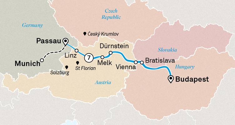 Mapa de ruta duplicado del crucero Passau–Viena–Budapest con paradas en Melk y Linz.
