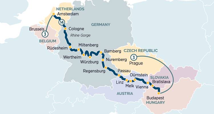 Mapa que muestra una ruta de viaje por Europa.