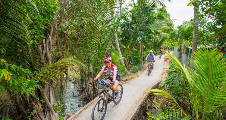 Ciclistas pasando por un exuberante bosque tropical