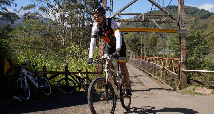 Cycliste traversant un pont dans une forêt pittoresque.