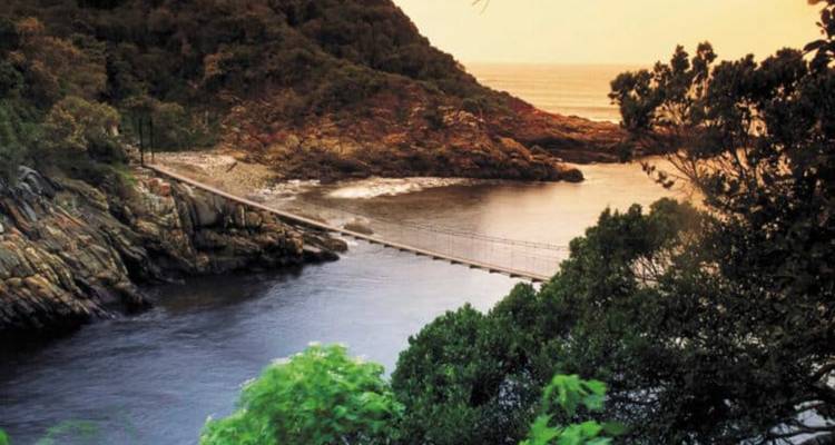 Narrow suspension bridge crossing a rocky river gorge leading to forested coastline at sunset glow.