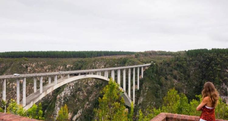 Young woman in dress looks toward towering concrete arch bridge spanning a forested canyon on an overcast day.