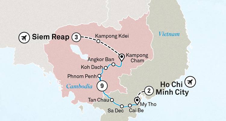 Carte montrant l'itinéraire de croisière sur le fleuve Mékong entre Siem Reap et Ho Chi Minh-Ville
