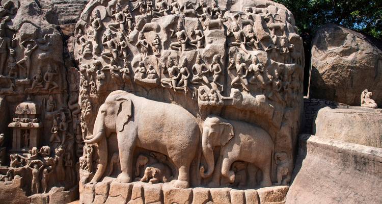 Grabados en roca que representan elefantes y deidades