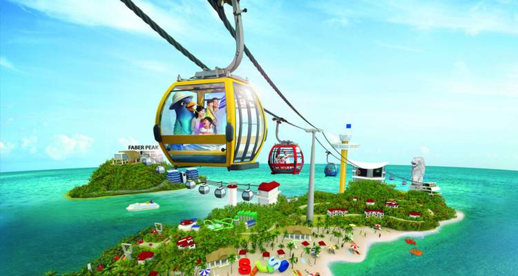 Vista aérea de teleféricos sobre el mar, con islas y puntos de referencia.