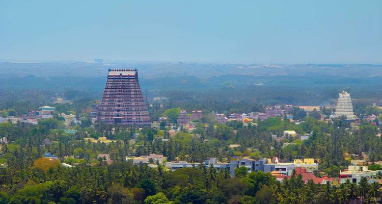 Paysage urbain avec tours de temple et verdure.