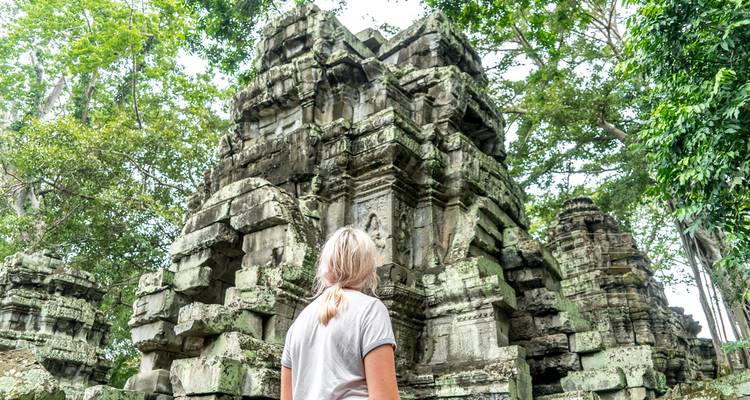 Person observing ancient temple ruins in a forested area.