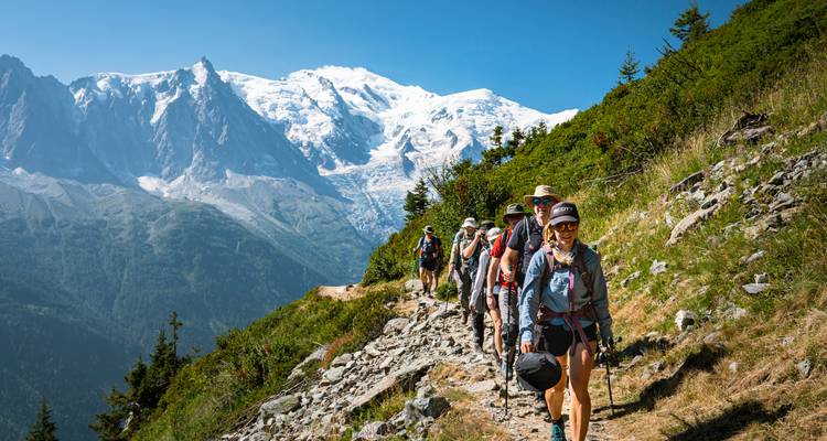 Grupo de excursionistas sonrientes desciende por un sendero alpino rocoso con vistas de glaciares al fondo.