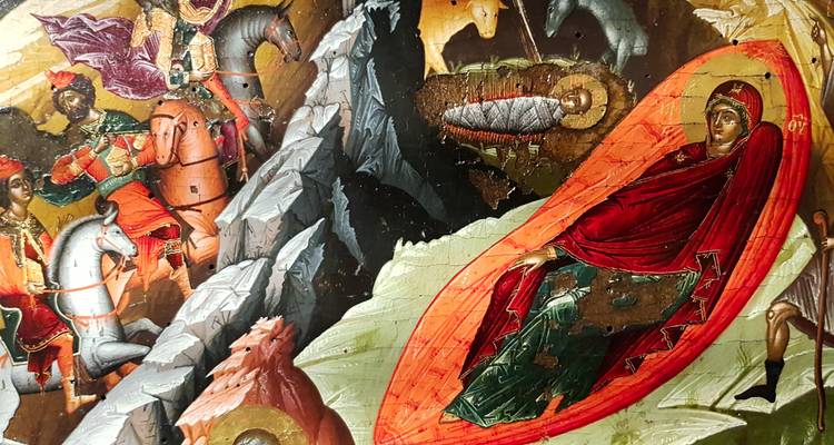 Pintura religiosa con varias figuras y animales.