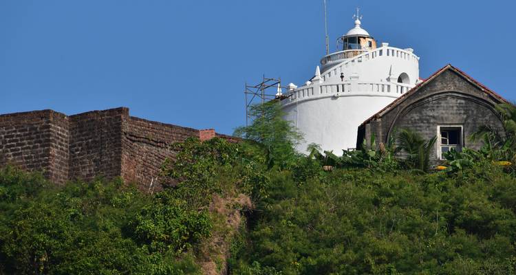 Faro y antigua muralla del fuerte rodeados de vegetación.