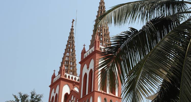 Twin-spired church with palms in foreground against a clear sky.