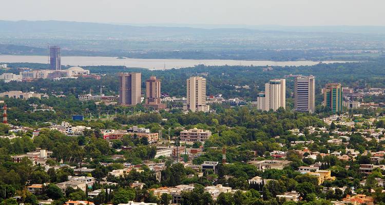Cityscape with tall buildings and greenery.
