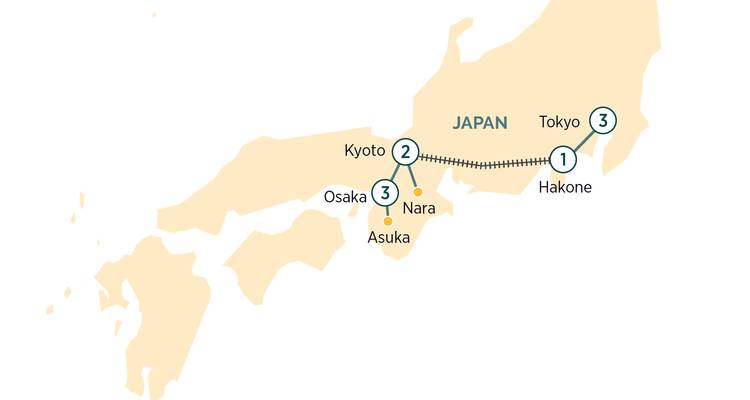 Carte simplifiée d'un itinéraire de visite au Japon reliant Tokyo, Hakone, Kyoto et Nara