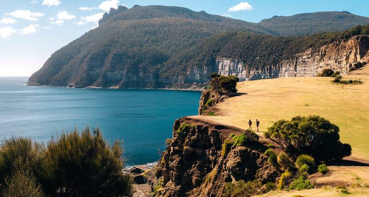 Dramatic coastal cliff overlooking deep blue sea with two hikers walking along a grassy headland.