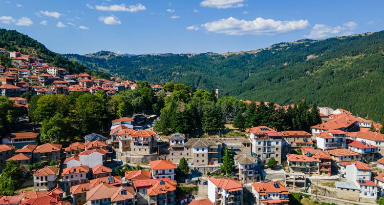 Aerial view of traditional mountain village with red-tiled roofs amid green slopes.