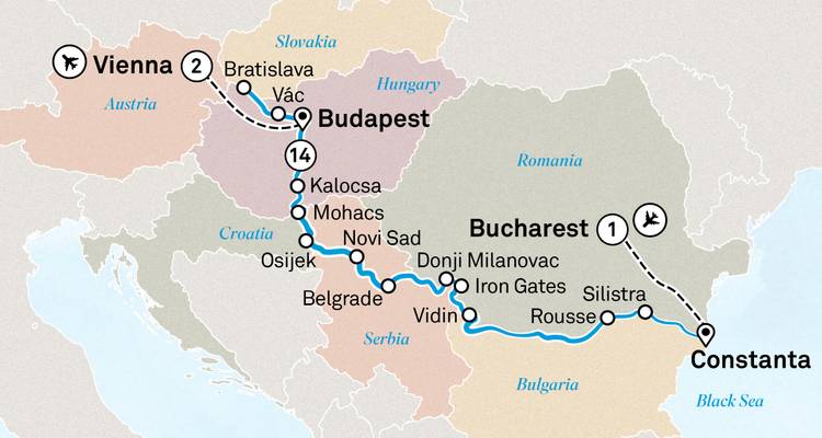 Route map linking Vienna, Budapest, Bucharest and Constanta