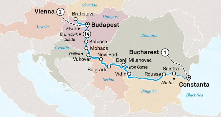 Extended Danube cruise map linking Vienna to Constanta through Budapest and Belgrade