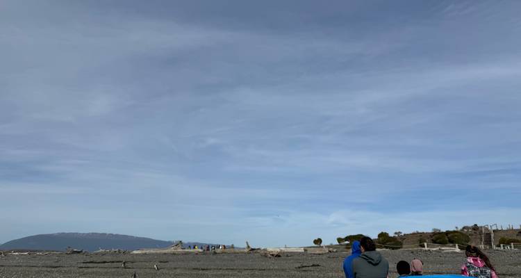 Un pequeño grupo de turistas en una barca abierta mira hacia una amplia playa de guijarros vacía bajo un cielo azul inmenso.