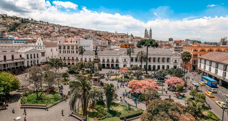 Panoramic view of Quito’s Plaza Grande with colonial buildings, blooming trees and busy pedestrians under a bright sky.