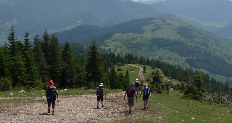 Groupe de randonneurs marchant sur un sentier en terrain montagneux.