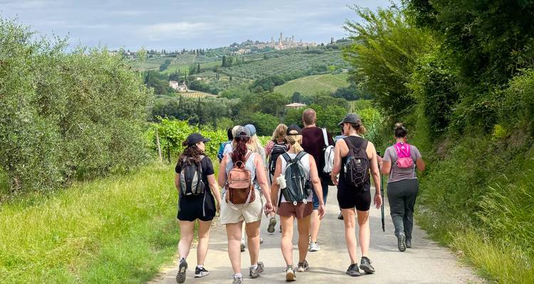 Een wandelgroep loopt over een landweggetje met de torens van San Gimignano zichtbaar in de verte.