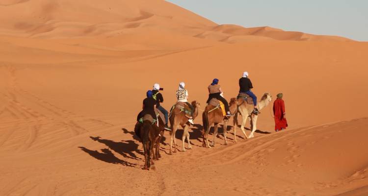 Group riding camels through the desert.