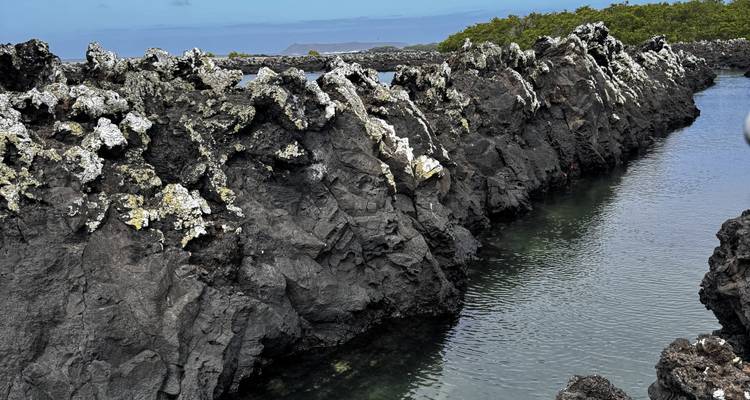 Narrow turquoise channel carved through jagged black lava formations.