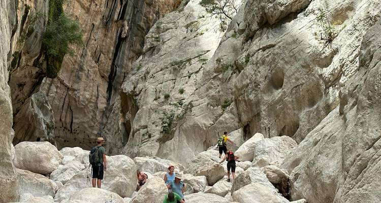 Hikers scramble over giant limestone boulders inside a steep-walled gorge dotted with greenery.