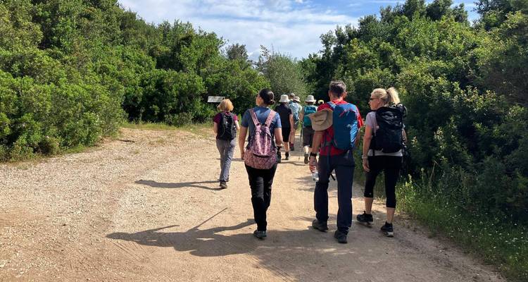 A small walking group follows a dusty track surrounded by dense green Mediterranean scrub under a lightly clouded sky.
