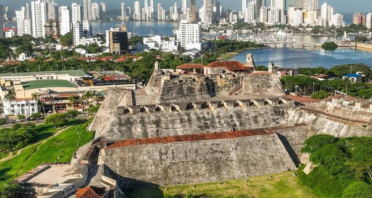 The massive stone walls of Castillo San Felipe overlook Cartagena’s modern skyline and harbour.