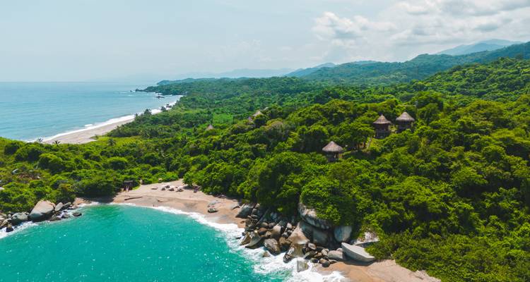 Le paysage de jungle côtière s'étend le long du rivage des Caraïbes avec des cabanas dispersés dissimulés dans la verdure.