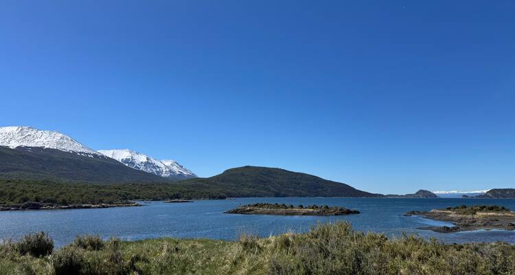 Lago sereno con una pequeña isla y montañas nevadas bajo un cielo azul despejado.