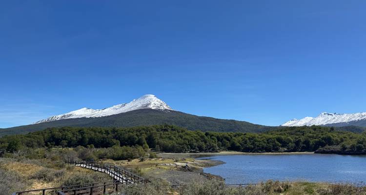 Pico cubierto de nieve se alza sobre un lago tranquilo y un bosque verde exuberante, con un camino de madera que te lleva hacia el agua bajo un cielo radiante.