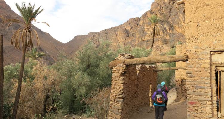 People walking through an ancient village with mud-brick houses and palm trees.