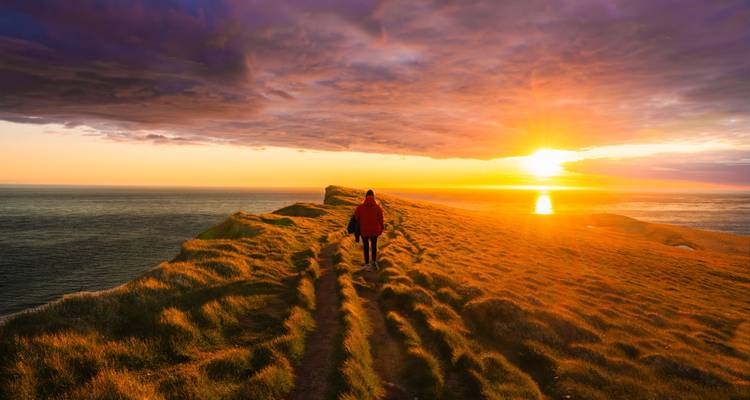 Una excursionista solitaria caminando por el borde de un acantilado cubierto de pasto hacia una puesta de sol naranja dramática sobre el océano con nubes de humor arriba.