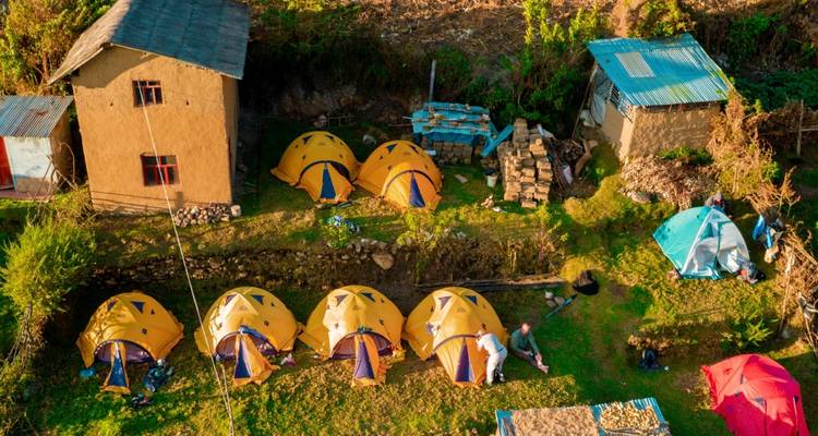 Campamento con múltiples tiendas de campaña instaladas en área con césped.