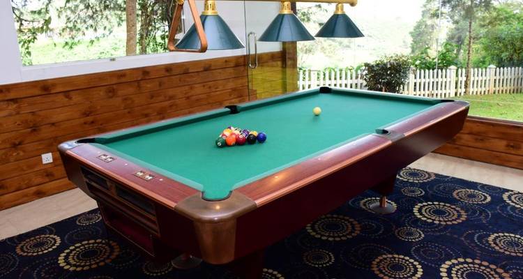 Innen-Billardtisch in einem Raum mit Holzdekoration.