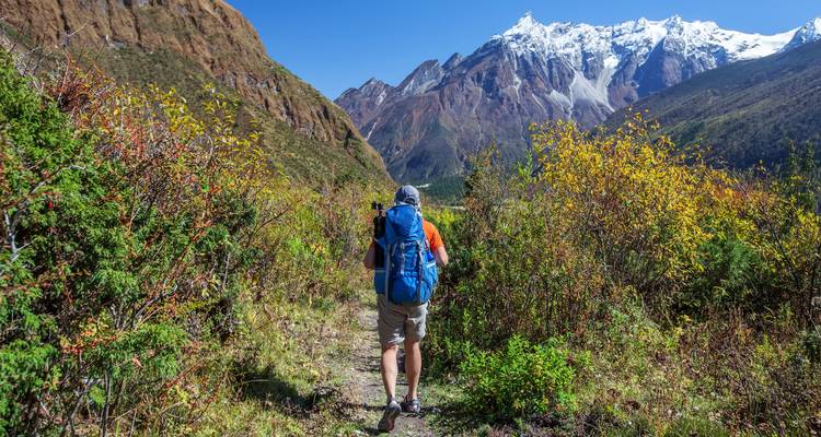 A backpacker walking on a trail through a valley with a snowy mountain background.