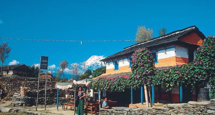 Refugio de montaña con flores y cielos azules.