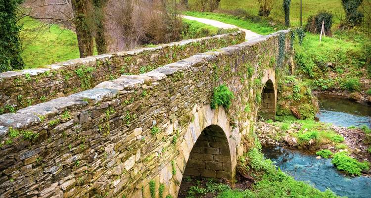 Antiguo puente de piedra sobre un arroyo con paisaje verde