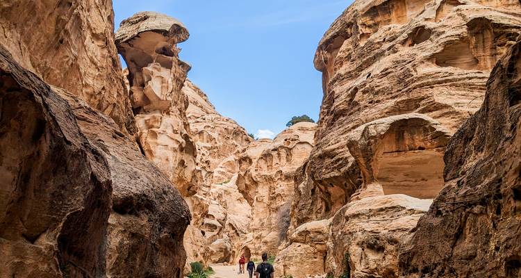 Mensen verkennen hoge, gebogen zandstenen gangen in de oude stad Petra.