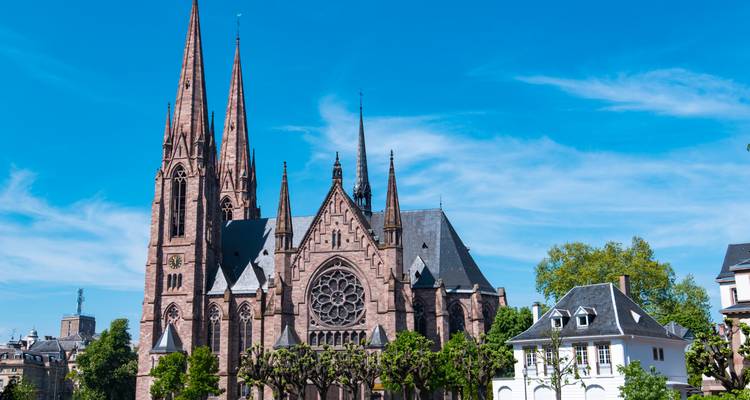Cathédrale néo-gothique avec tours jumelles et rosace encadrée par des arbres taillés par une journée lumineuse.