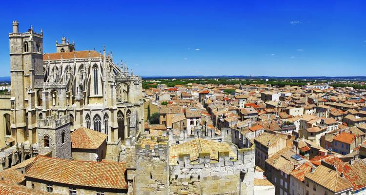 Une cathédrale gothique se dresse au-dessus d'une mer de toits de terre cuite sous un ciel bleu profond du sud de la France.