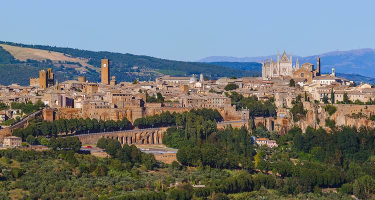 Elevated view of a hilltop city with a cathedral and medieval walls.