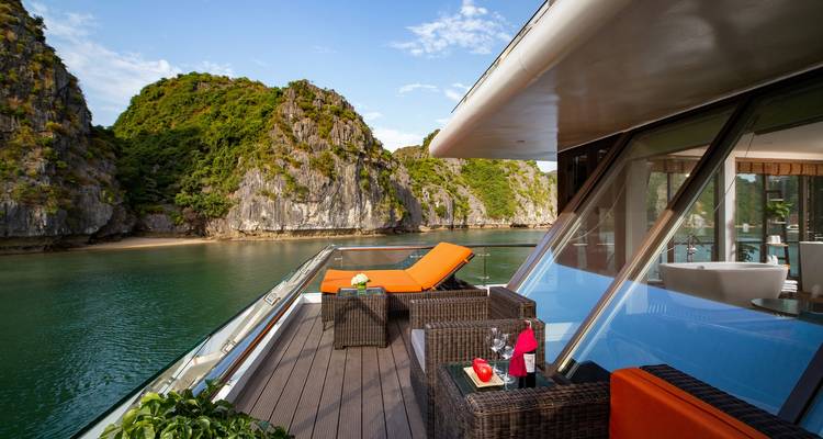 View of Halong Bay from a cruise ship deck.
