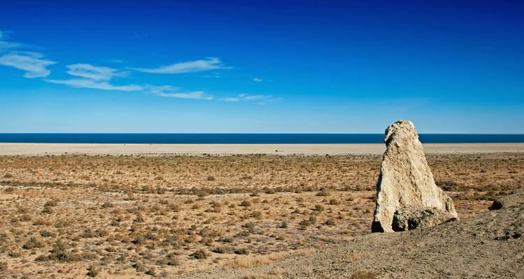Un paysage désertique rocheux avec une haute formation rocheuse verticale.